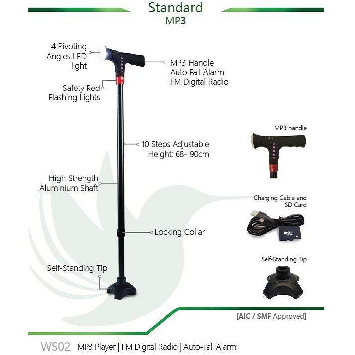 Smart Standard Walking Stick WS02 (MP3 Handle With Radio & Auto Fall Alarm)