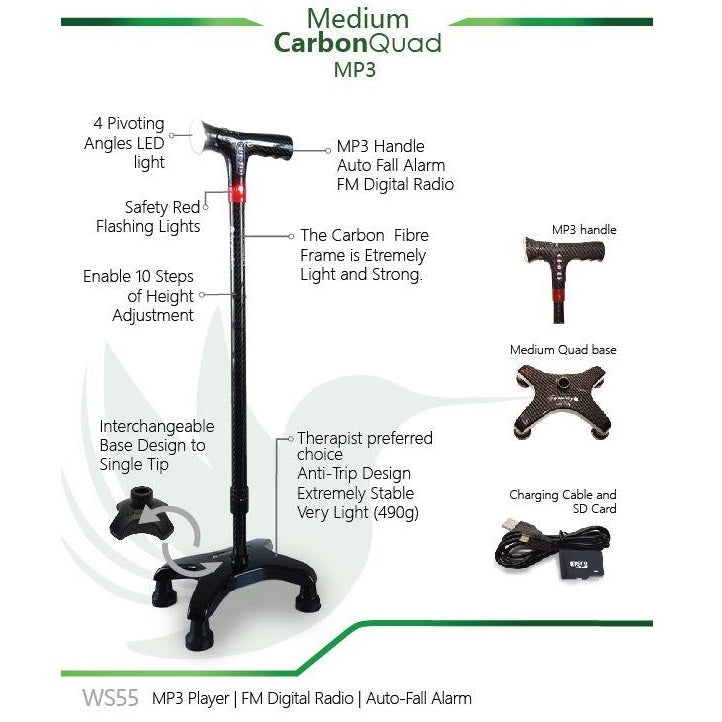 Smart Walking Stick with Medium Carbon Quad WS55 (MP3 Handle with Radio & Auto Fall Alarm)