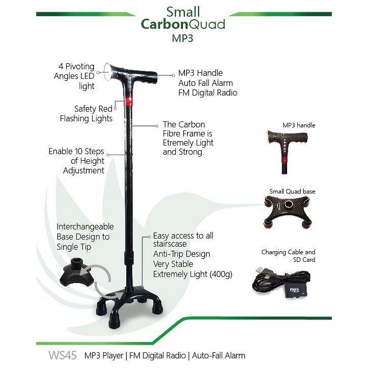 Smart Walking Stick with Small Carbon Quad WS45 (MP3 Handle with Radio