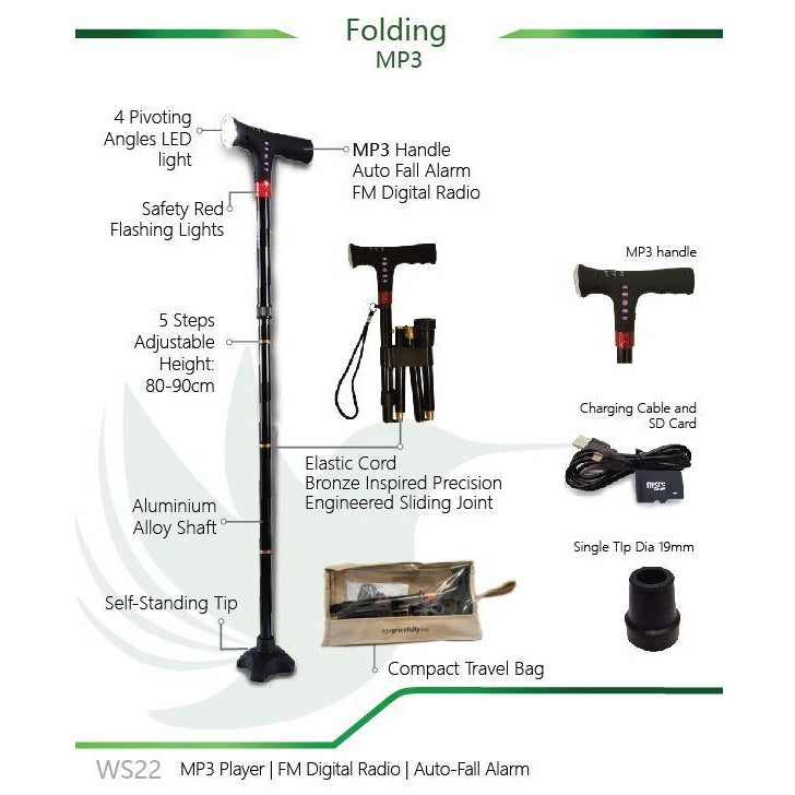 Smart Folding Walking Stick WS22 (MP3 Handle With Radio & Auto Fall Alarm)