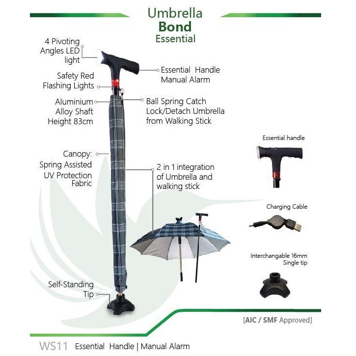 Smart Umbrella Walking Stick WS14 (Essential Handle With Manual Alarm)