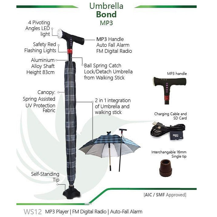 Smart Umbrella Walking Stick WS12 (MP3 Handle with Radio & Auto Fall Alarm)