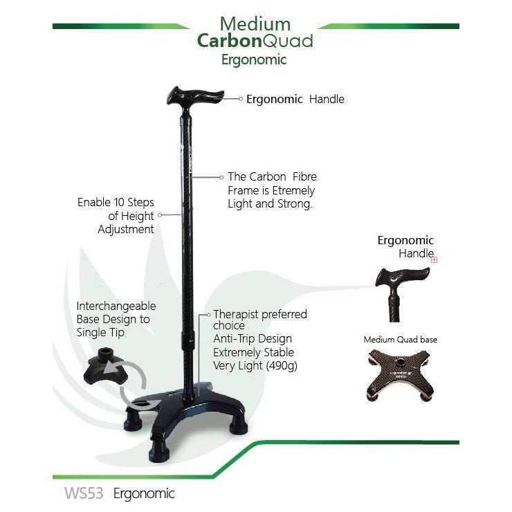 Smart Walking Stick with Medium Carbon Quad WS53 (Ergonomic Handle)