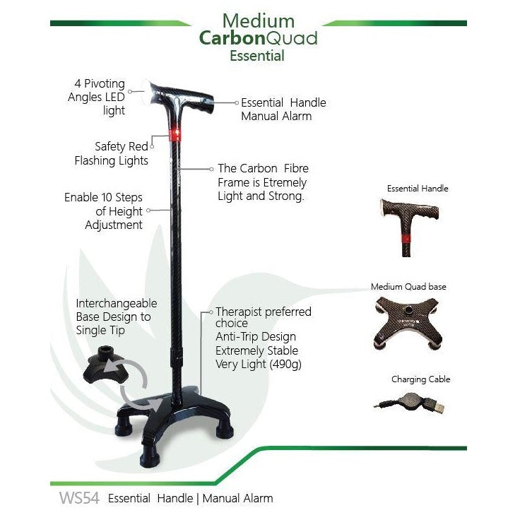Smart Walking Stick with Medium Carbon Quad WS54 (Essential Handle with Manual Alarm)