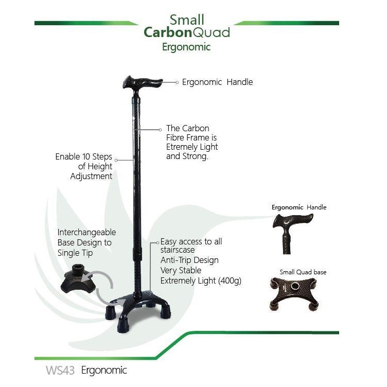 Smart Walking Stick with Small Carbon Quad WS43 (Ergonomic Handle)