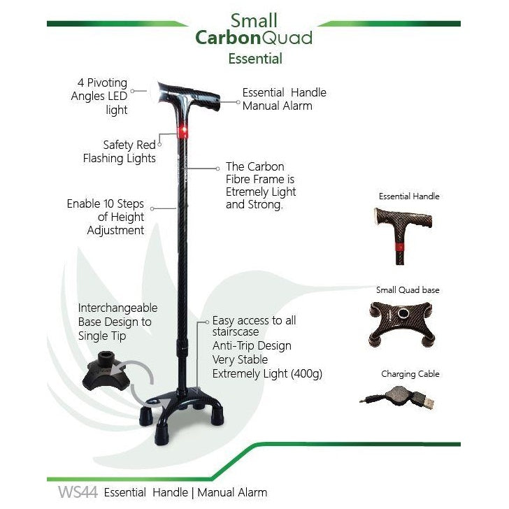Smart Walking Stick with Small Carbon Quad WS44 (Essential Handle with Manual Alarm)